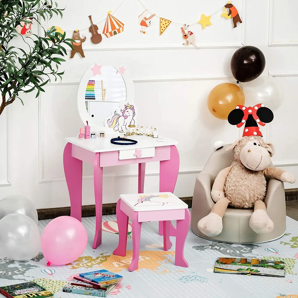 COSTWAY Kinder Schminktisch Mit Hocker, Prinzessin Frisiertisch Mit Schublade Und Abnehmbarer Spiegel, Frisierkommode Rosa, Schminkkommode Für Mädchen Von 3-7 Jahren (Pink) – Bild 6