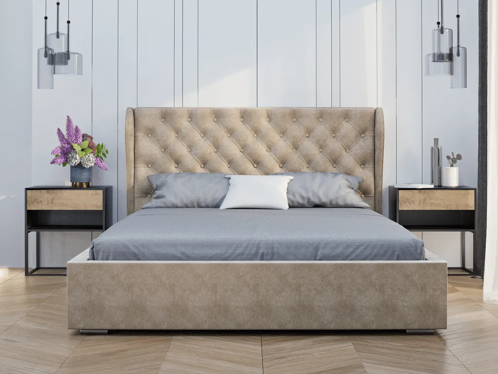 Elegantes Bett 180x200 Florence - Polsterbett Mit Velourstoff - Bettkasten & Lattenrost - Chesterfield Ohren Kopfteil - Beige (Vogue 02) – Bild 2
