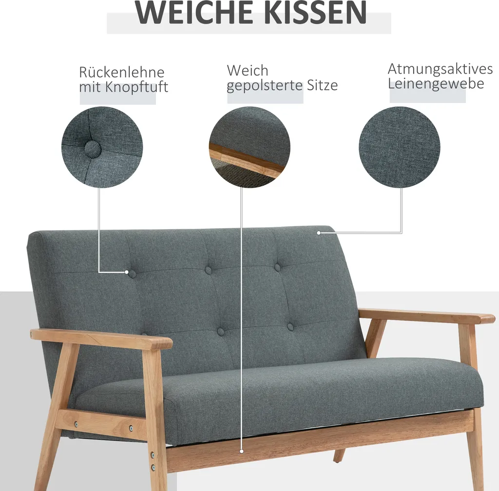 HOMCOM Doppelsofa Polsterung Loveseat Kompaktes Design Zweisitzer Stoffsofa 2 Sitzer Sofa Leinen Gummiholz Grau 115 X 66,5 X 73 Cm – Bild 4
