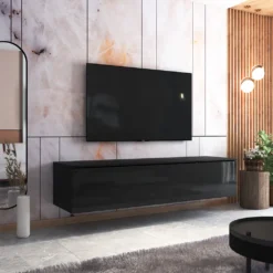 Selsey TV-Schrank SKYLARA - TV-Bank In Schwarz Matt / Schwarz Hochglanz - 180 Cm Breit - Stehend / Hängend
