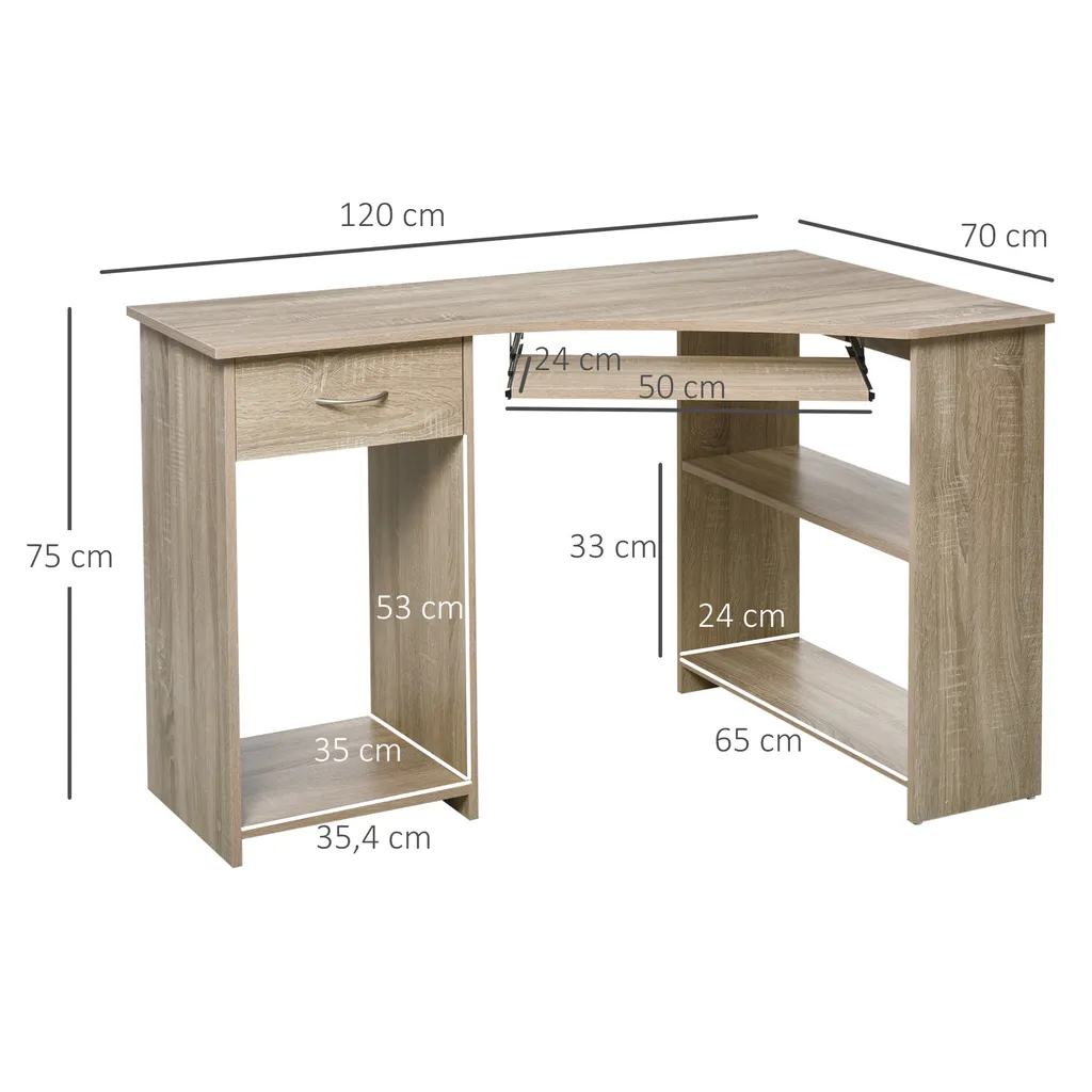 HOMCOM Eckschreibtisch Mit 2 Ablageflächen L-förmiger Schreibtisch Computertisch Mit Tastaturablage Schublade CPU-Ständer E1-Spanplatte Naturholz 120 X 70 X 75 Cm – Bild 7