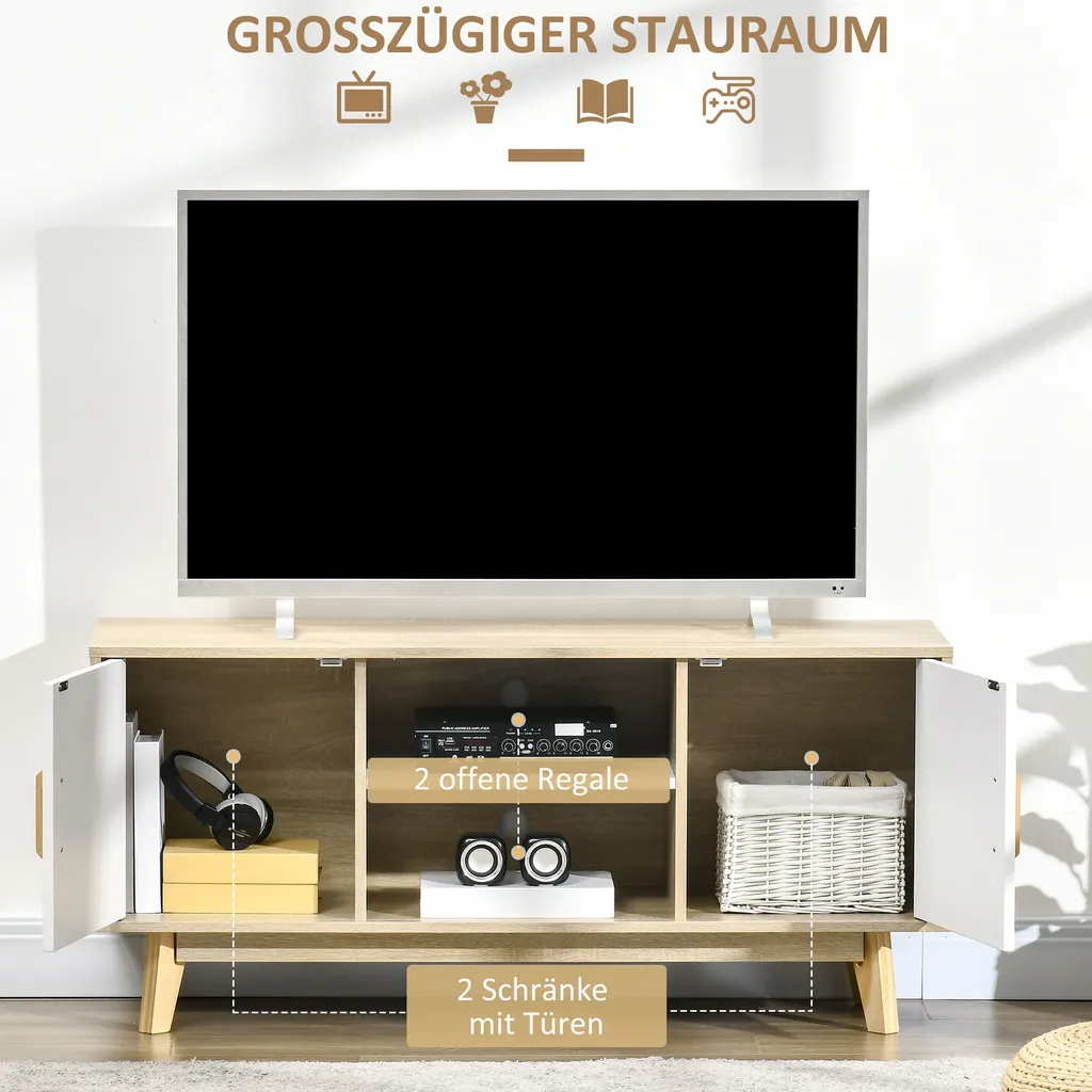 HOMCOM TV-Lowboard Fernsehschrank TV Schrank Fernsehtisch Sideboard Mit 2 Schränke Und Offenen Regale Skandi-Design Bis Zu 55 Zoll Natur+Weiß 120 X 40 X 55 Cm – Bild 5