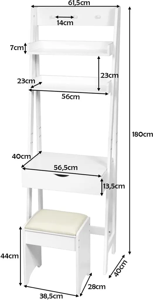 COSTWAY Schminktisch Mit Klappspiegel, Make-up Tisch Leiterregal, Frisiertisch Set Mit Hocker, Frisierkommode Mit Haken Und Ablagefaechern, Schreibtisch Weiss – Bild 5