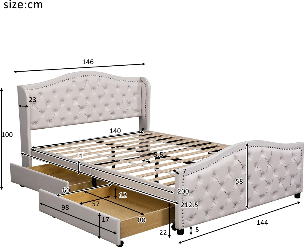 Merax Polsterbett 140 X 200 Cm Doppelbett Aus Holz & Kunstleder Mit 2 Schubladen, Bettgestell Mit Lattenrost Und Kopfteil, Weiß – Bild 8