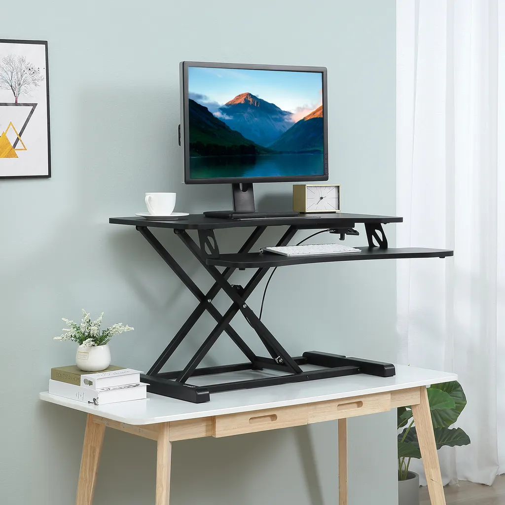 Vinsetto Steh-Sitz Schreibtisch Computertisch Stehpult Standtisch Schreibtisch Höhenverstellbar Erhöhung Tischaufsatz Ergonomisch Design MDF Metall Schwarz 85 X 71 X 11-50,5 Cm – Bild 2