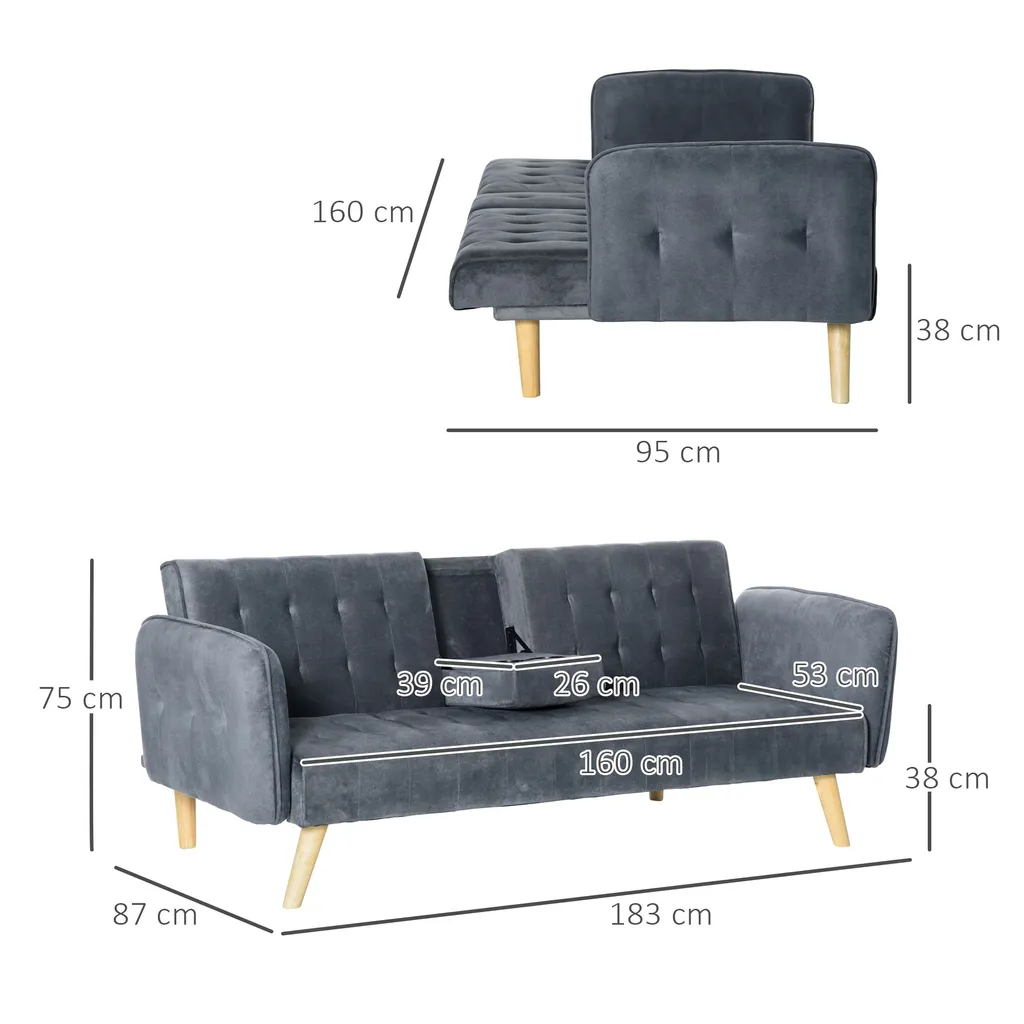 HOMCOM 2-1 Design Schlafsofa Klappsofa 3-Sitzer Stoffsofa Chaiselongue Bettsofa Sofagarnitur Verstellbarer Winkel Dunkelgrau 183 X 87 X 75 Cm – Bild 3