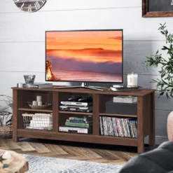 COSTWAY TV-Schrank Mit Regale, Fernsehschrank Holz, TV-Ständer Für 60 Zoll Fernseher, Offene Aufbewahrungskonsole Für Zuhause & Büro, Sideboard Wohnzimmerschrank Küchenschrank (Braun)