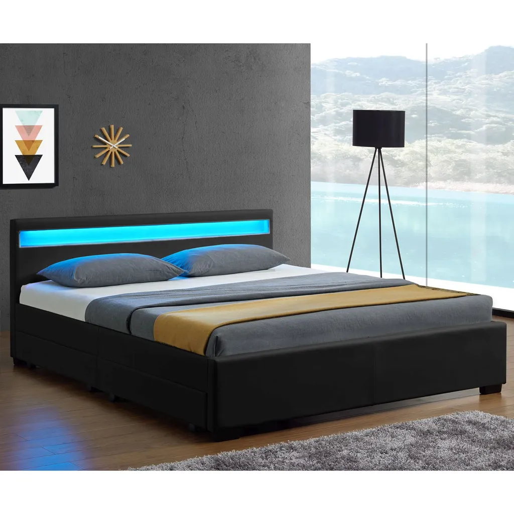 Juskys Polsterbett Lyon 140 X 200 Cm Schwarz – Bettgestell Mit Lattenrost, Bettkasten & LED Beleuchtung – Kunstleder & Holz – Bett Jugendbett – Bild 2