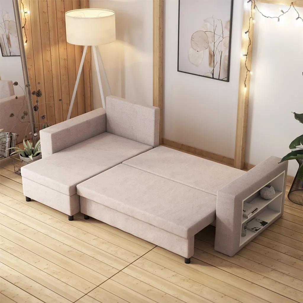 Selsey Ecksofa MERIEN - Schlafcouch In Hellbeige Mit Ottomane, Bettkasten Und Integriertem Regal, 230 Cm Breit – Bild 2