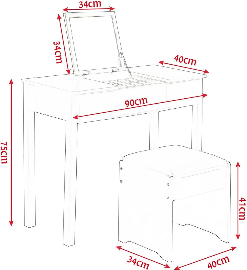 COSTWAY Schminktisch Frisiertisch Frisierkommode Kosmetiktisch Mit Klappspiegel Und Schubladen Inkl. Hocker Weiss – Bild 2