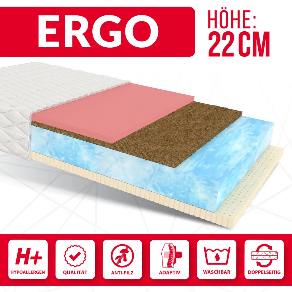 Matratze 140x200 Cm ERGO Kaltschaum 7 Zonen H2 H4 Höhe Ca.22 Cm Kokos Latex Visco Memory BIO FOAM-SCHAUM Matratzenbezug Premium JERSEY