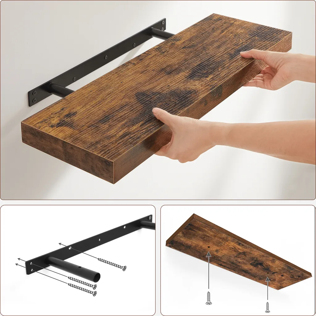 VASAGLE Wandregal, Schweberegal, Wandboard Für Bücher, Bilder, Deko, 60 X 20 X 3,8 Cm, Büroregal, MDF, Für Wohnzimmer, Küche, Flur, Schlafzimmer, Badezimmer, Vintagebraun LWS26BX – Bild 6