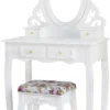 Meerveil Schminktisch Mit Spiegel Und Hocker, Frisierkommode, Aushöhlen Geschnitzter, Frisiertisch Mit 4 Schubladen, Rutschfeste Aufkleber, Weiß