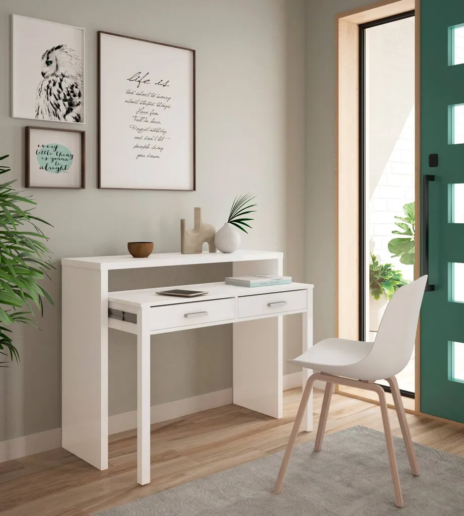 Billings-Konsole, Schreibtisch Mit Ausziehbarer Platte, PC-Schreibtisch Mit 2 Schubladen, Cm 99x36h88, Weiß – Bild 2