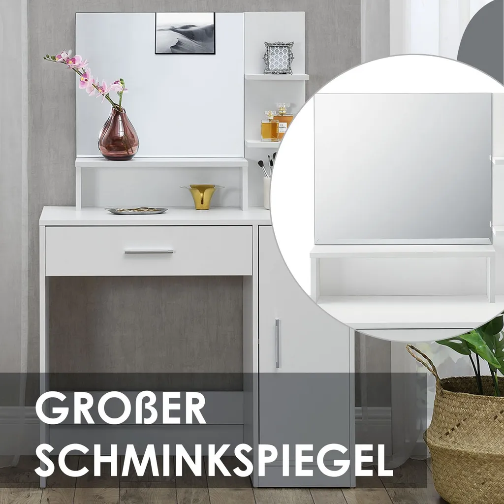 Juskys Schminktisch Zoey Weiß - Frisiertisch Mit Spiegel, Schublade, Fächer & Schrank - Kosmetiktisch Für Damen Und Mädchen – Bild 3