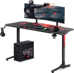 Diablo X-Mate 1400 Gaming Tisch Schreibtisch PC Computertisch Schwarz Ergonomisch Carbon Tischplatte Kopfhörerhaken Getränkehalter Rutschfester Fußschutz (140 X 76 X 66 Cm)