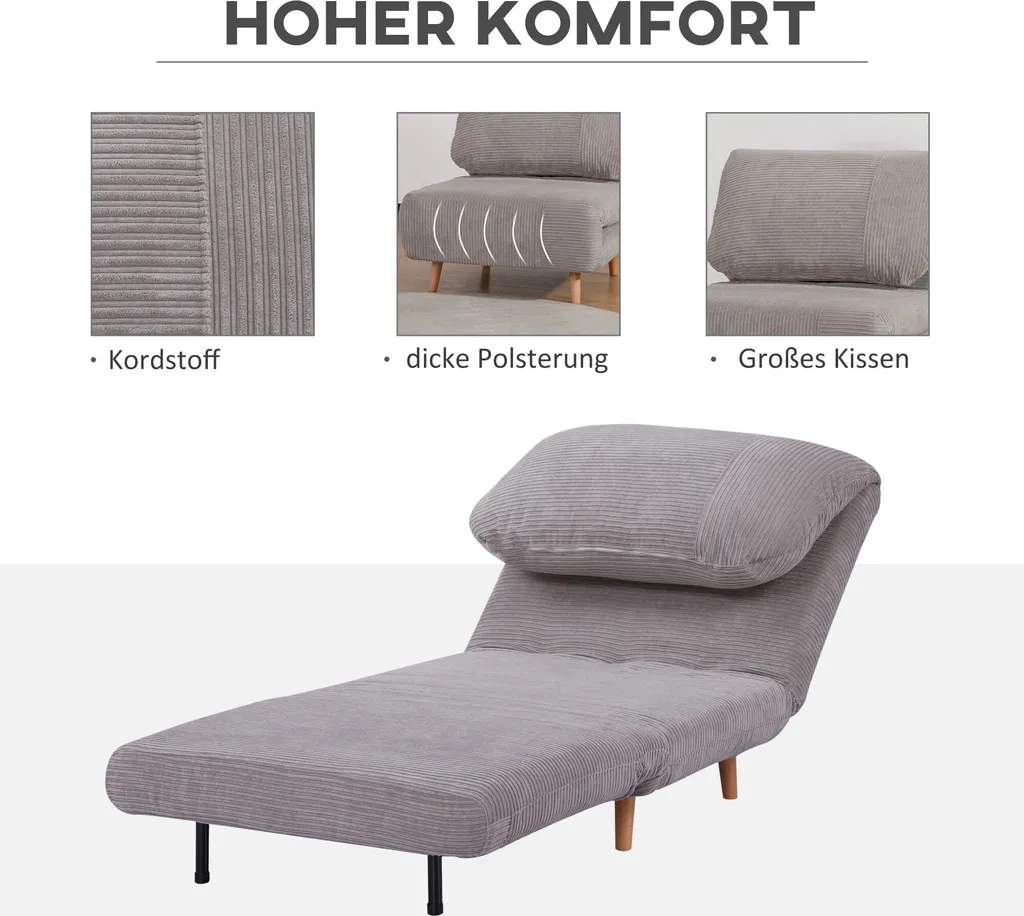HOMCOM 2-in-1 Schlafsofa Schlafsessel Verstellbar Klappmatratze Gästebett ,Chaiselongue Im Cord-Optik, Für Schlafzimmer, Wohnzimmer Hellgrau 82 X 89 X 83 Cm – Bild 6
