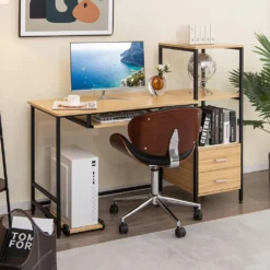 COSTWAY Schreibtisch, Computertisch Mit 2 Schubladen, Tastaturauszug & Beweglichem CPU-Ständer, PC-Tisch Mit Ablagen & Verstellbaren Fußpolstern, Für Wohnzimmer Büro, 141x51x112cm (Natur)