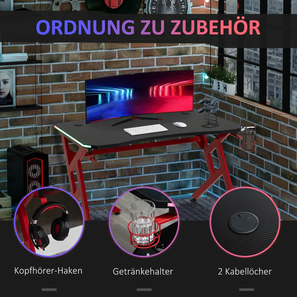 HOMCOM Gaming Tisch RGB-Lichter Schreibtisch R-förmiger 4 Verstellbare Fußstützen Computertisch Arbeitstisch Spanplatte Metall Schwarz+Rot 120 X 60 X 74,5 Cm – Bild 7