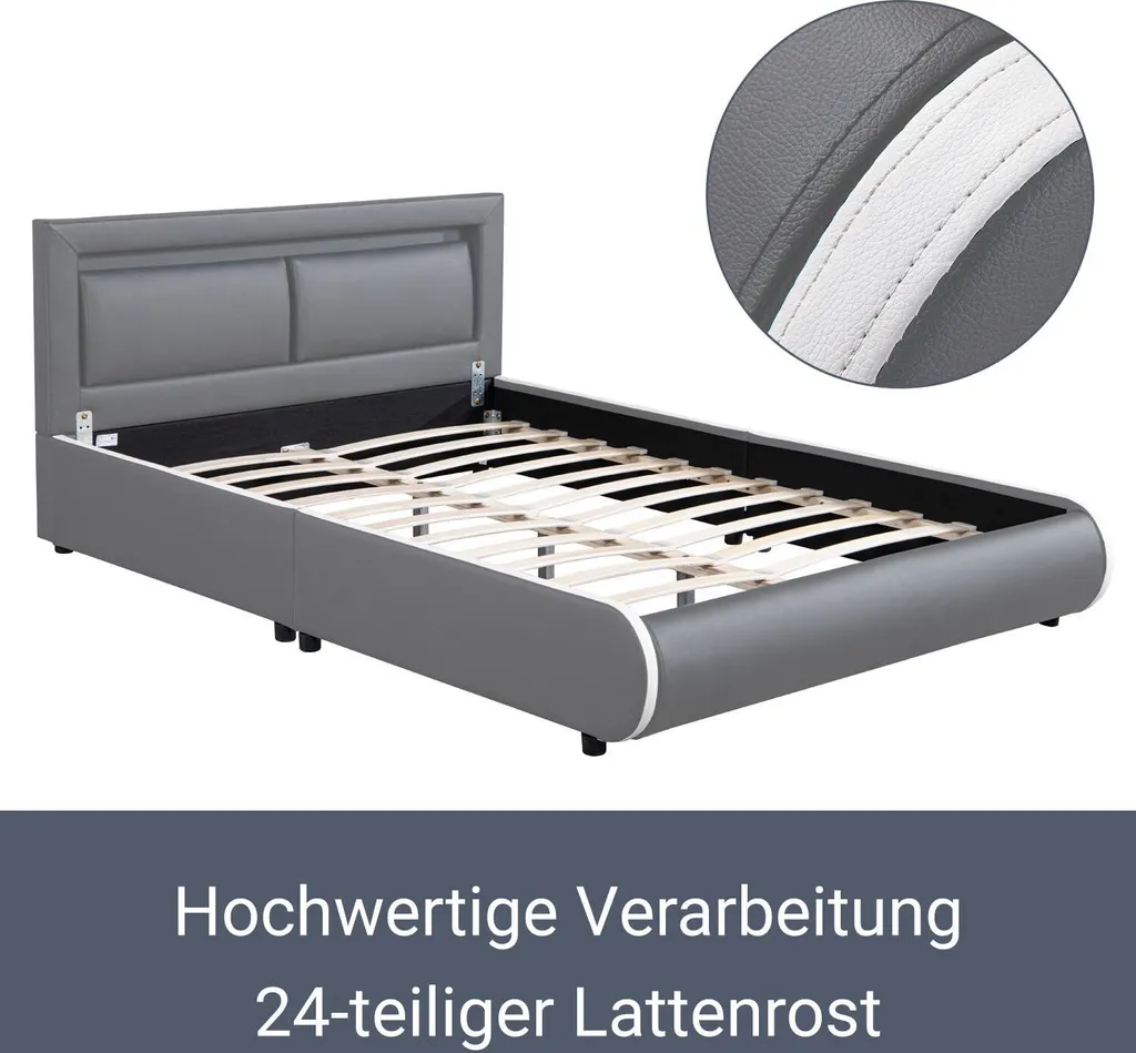 Juskys Polsterbett Murcia 140 X 200 Cm – Bett Mit LED, Lattenrost, Kopfteil & Kunstleder – Bettgestell Gepolstert, Gemütlich & Modern - Dunkel-grau – Bild 4
