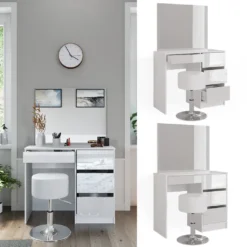 Vicco Schminktisch + Spiegel + Hocker Sherry Weiß Hochglanz 90 X 75 X 40 Cm Holzwerkstoff