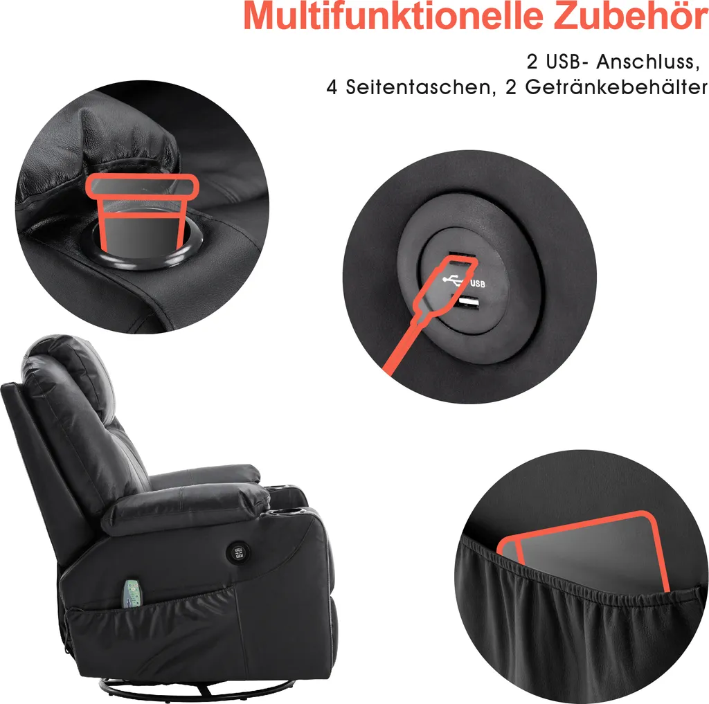 MCombo Leder Massagesessel Fernsehsessel Relaxsessel Dreh Schaukel Heizung USB Manuell Verstellbar Echtleder 7050BK – Bild 11