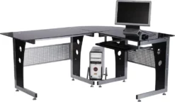 HOMCOM Computertisch Eckschreibtisch Schreibtisch Bürotisch PC Tisch Mit Schwarzem Sicherheitsglas L-förmig 164x139x75 Cm