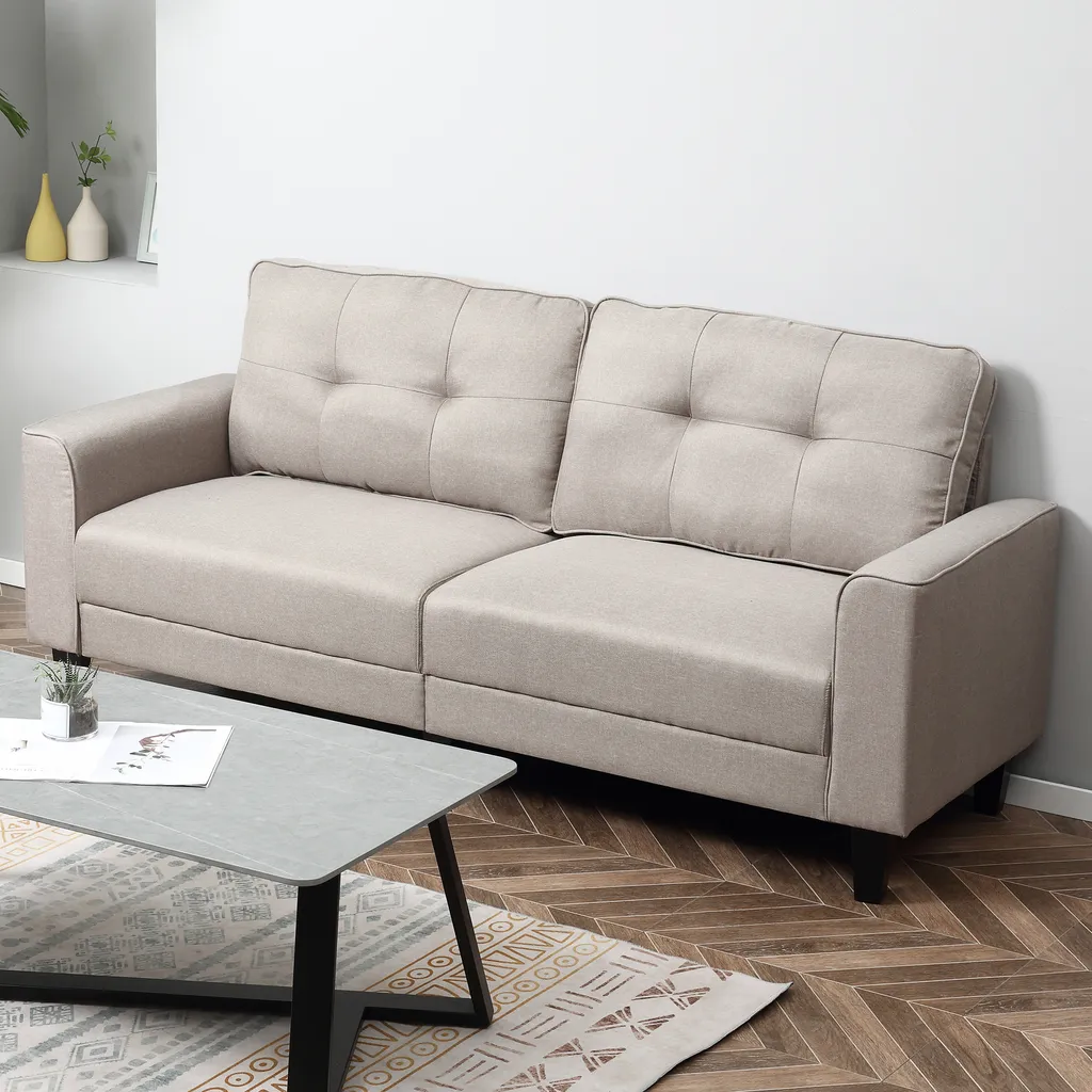 HOMCOM Doppelsofa 2-Sitzer Sofa Loveseat Stoffsofa Mittelalterlicher Stil Wohnzimmer Schlafzimmer Leinen-Touch Gummiholz Beige 202 X 72 X 91 Cm – Bild 2