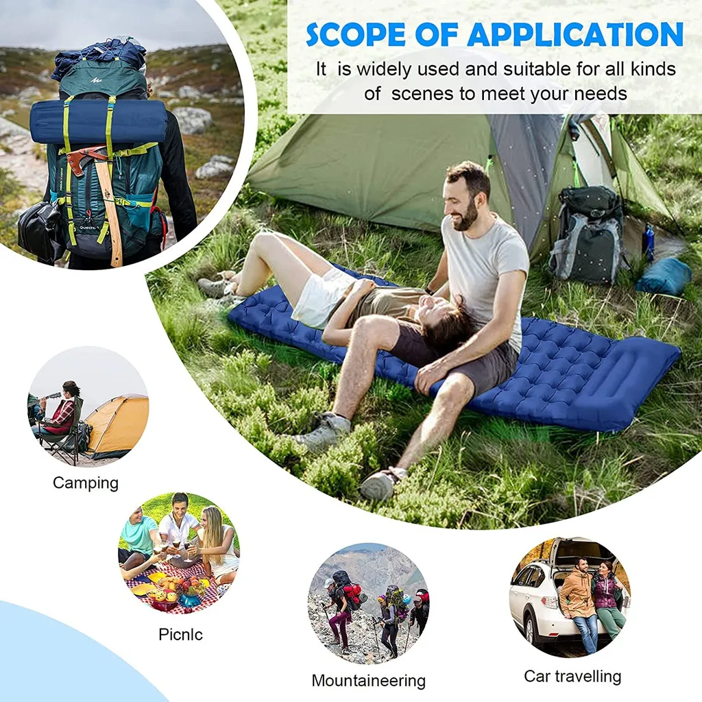Isomatte Camping Selbstaufblasend Verdicktes Aufblasbare Matratze Mit Fußpresse Pumpe Und Kissen, Wasserdicht Luftmatratze Outdoor, 200 X 69 X 10 Cm,Blau – Bild 7