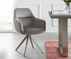 DELIFE Drehstuhl Pejo-Flex Mit Armlehnen Samt Grau Kreuzgestell Kantig Edelstahl 180° Drehbar