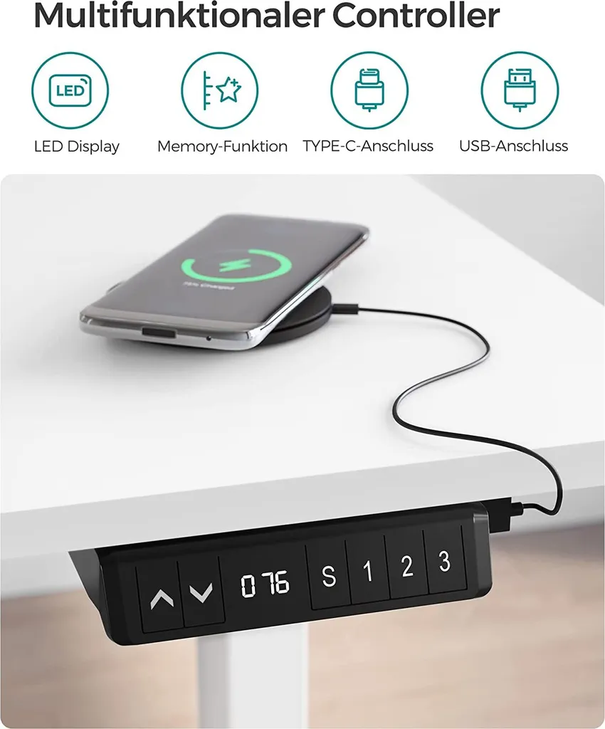 SONGMICS Höhenverstellbarer Schreibtisch Elektrisch, 70 X 140 Cm Tischoberfläche, Stufenlos Verstellbar, Memory-Funktion Mit 3 Höhen, Auffahrschutz, Weiß LSD102W01 – Bild 6