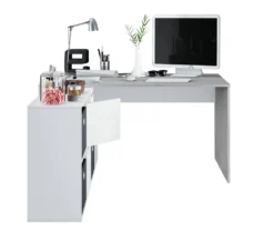 Vallejo Schreibtisch, Umkehrbarer Schreibtisch Mit Mehreren Positionen, Studiertisch Oder Büro-PC-Halterung Mit Regal, Cm 136x139h74, Weiß Und Zement