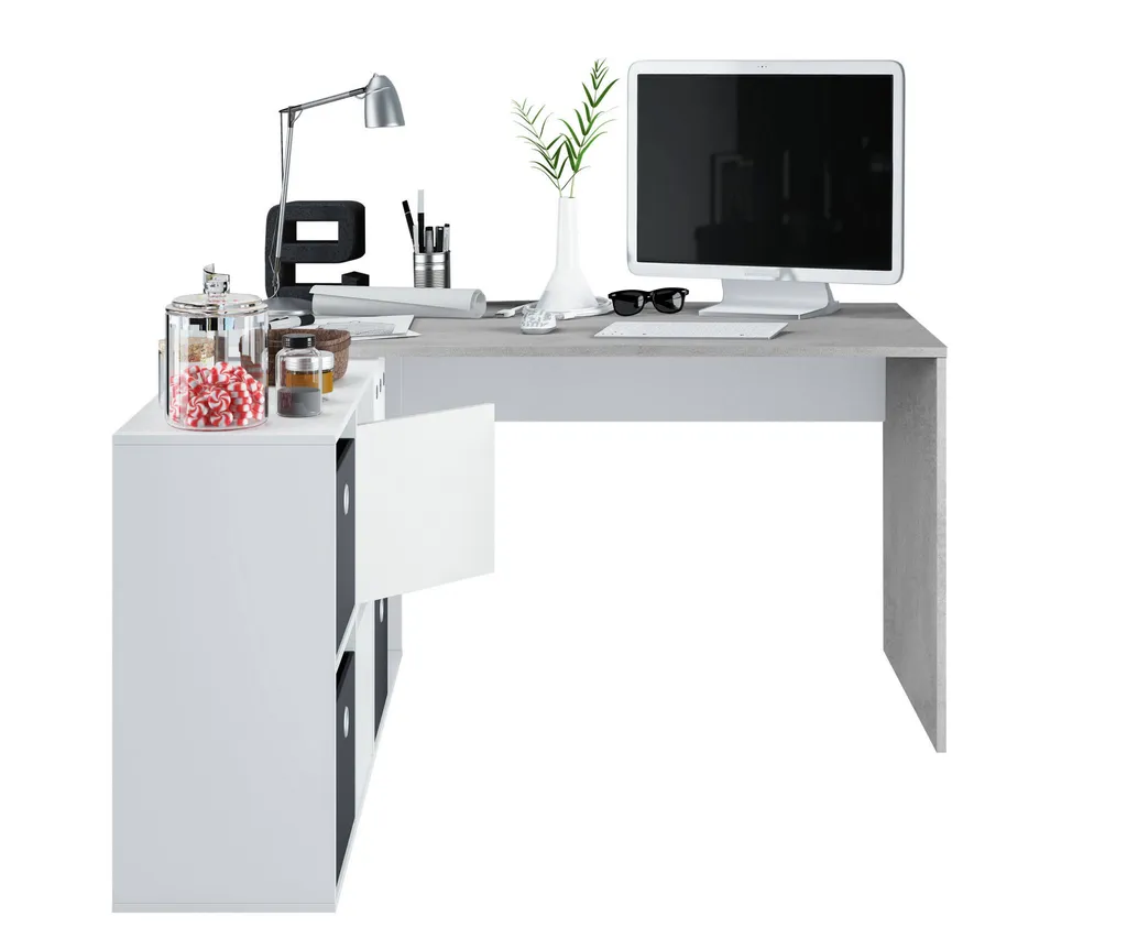 Vallejo Schreibtisch, Umkehrbarer Schreibtisch Mit Mehreren Positionen, Studiertisch Oder Büro-PC-Halterung Mit Regal, Cm 136x139h74, Weiß Und Zement