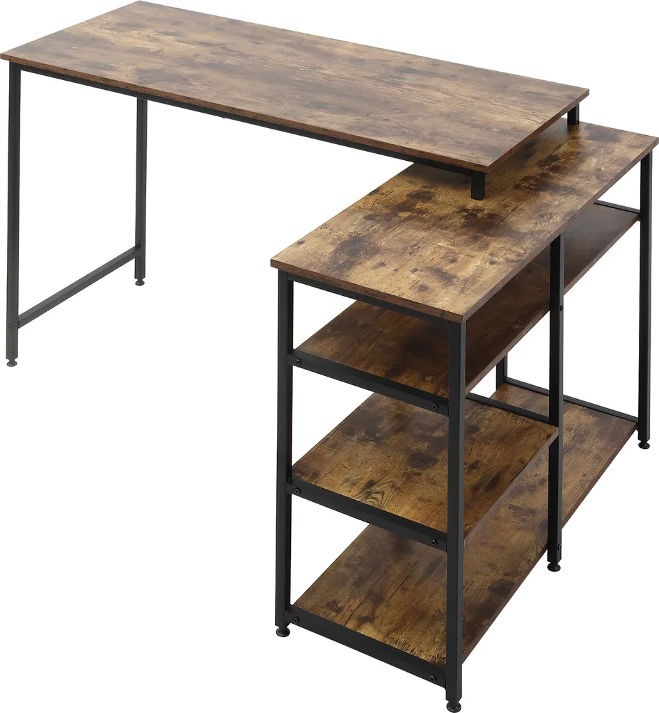 HOMCOM Eckschreibtisch Winkelschreibtisch PC-Tisch Computertisch Bürotisch Regal Schublade L-Form Spanplatte Metall Rustikales Braun 135 X 90 X 79 Cm