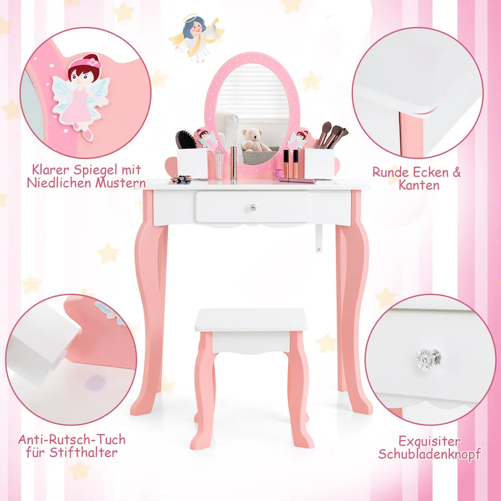COSTWAY Kinder-Schminktisch Mit Hocker, 2-in-1-Kinder-Schminktisch-Set Aus Holz Mit Spiegel, Schublade & Stifthalter, Make-Up-Tisch Für Kinder Im Alter Von 3-7 Jahren (Weiß) – Bild 5