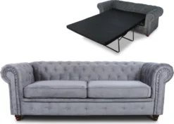 Schlafsofa Chesterfield Asti Bis 3-Sitzer, Sofa Mit Schlaffunktion, Couch 3-er, Couchgarnitur, Sofagarnitur, Holzfüße - Glamour Design (Grau (Capri 09))