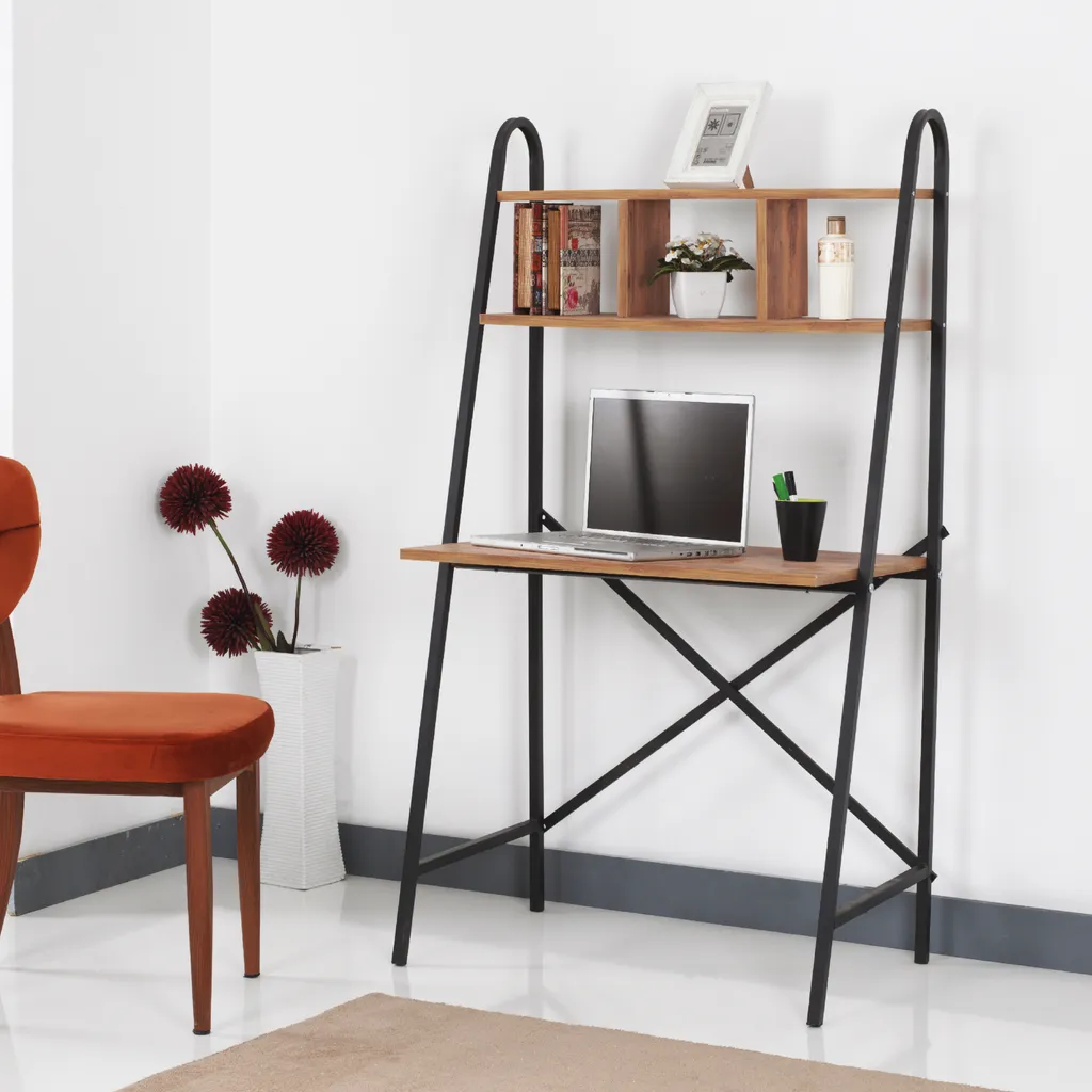 Schreibtisch Bogense 142x80x50cm Mit Oberem Regal Büroschreibstich Computertisch Bürotisch Arbeitstisch Aus Holz Und Metall Schwarz / Walnussoptik