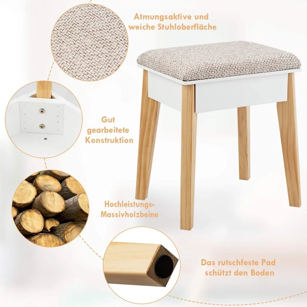 COSTWAY Schminktisch Mit Gepolstertem Hocker, Frisiertisch Set Mit Kiefernbeinen, Make-up Tisch Mit 3 Schubladen, Frisierkommode Weiß, Kosmetiktisch Mit Einstellbarem Spiegel – Bild 3