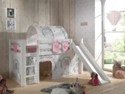 Spielbett Pino Inkl. Rutsche Mit Textilset Vorhang, Tunnel Und 3 Taschen "Birdy"