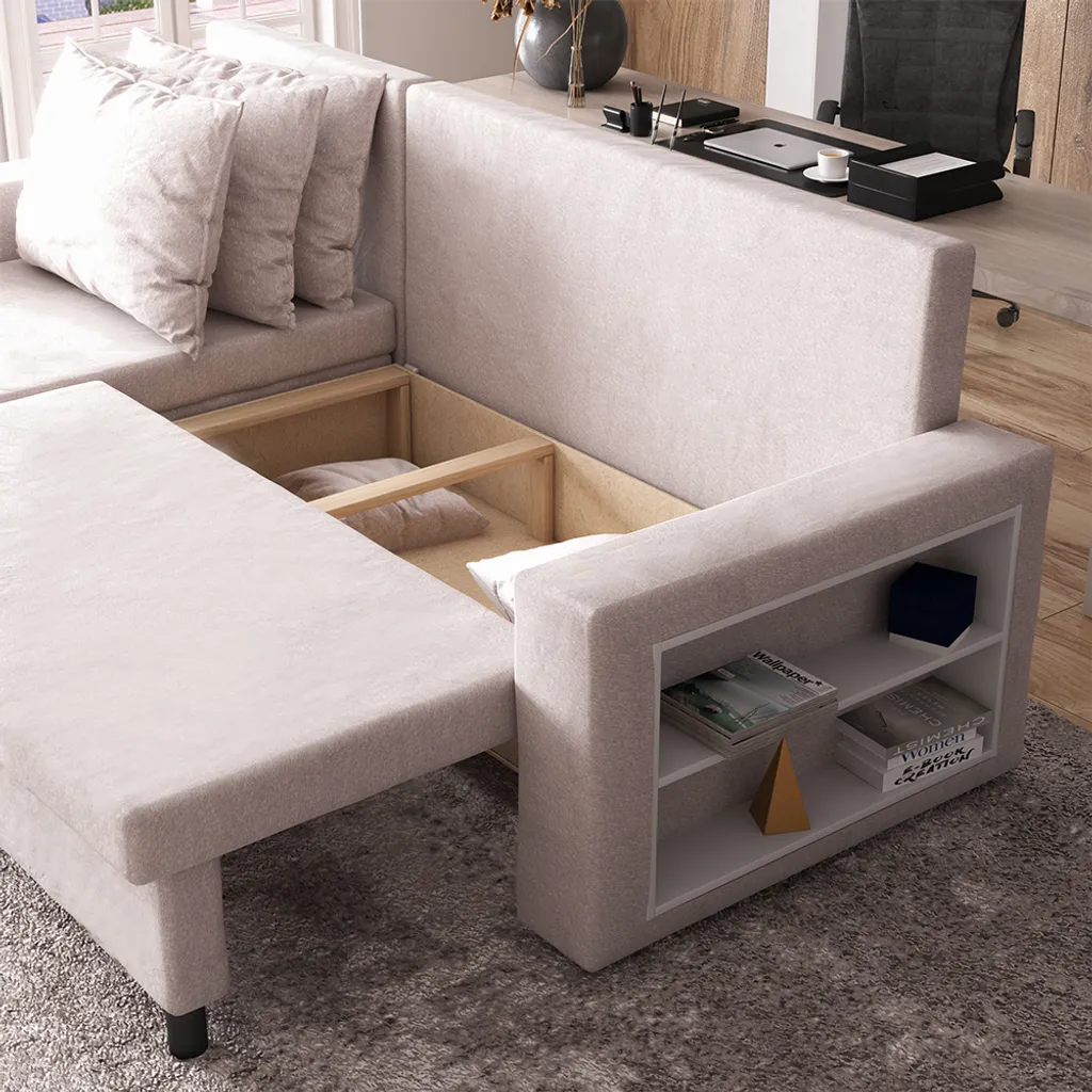 Selsey Ecksofa MERIEN - Schlafcouch In Hellbeige Mit Ottomane, Bettkasten Und Integriertem Regal, 230 Cm Breit – Bild 3