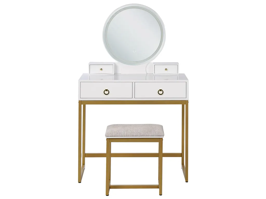 Schminktisch Weiß Und Gold MDF-Platte Mit Metallbeinen Rundem LED-Spiegel 4 Schubladen Hocker Glamour Für Erwachsene Schlafzimmer Jugendzimmer – Bild 3