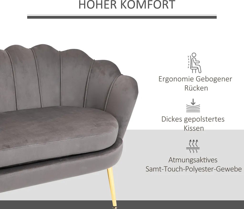 HOMCOM 2-Sitzer Stoffsofa Zweisitzer Loungesofa Mit Weichen Und Großzügigen Kissen Polstersofa Sitzmöbel Polstermöbel Designsofa Elegant Samt Polyester Grau 130 X 63 X 73 Cm – Bild 5