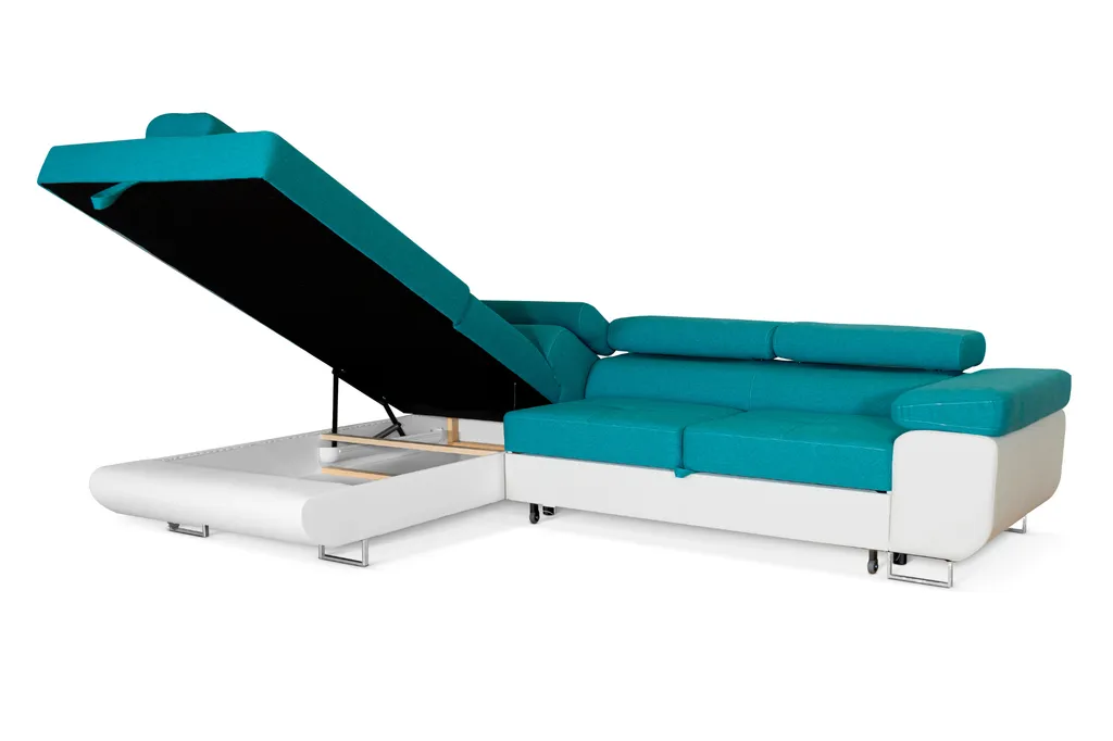 Ecksofa Aller L-form Mit Schlaffunktion Und Bettkasten, Türkis Und Weißes Kunstleder, Links Ottomane. – Bild 5