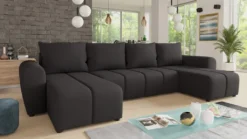 Wohnlandschaft Cleo U Mit Schlaffunktion - U-Form Couch, Ecksofa Mit Bettkasten, Couchgranitur Mit Bettfunktion, Polsterecke, Big Sofa (Schwarz (Soro 100))