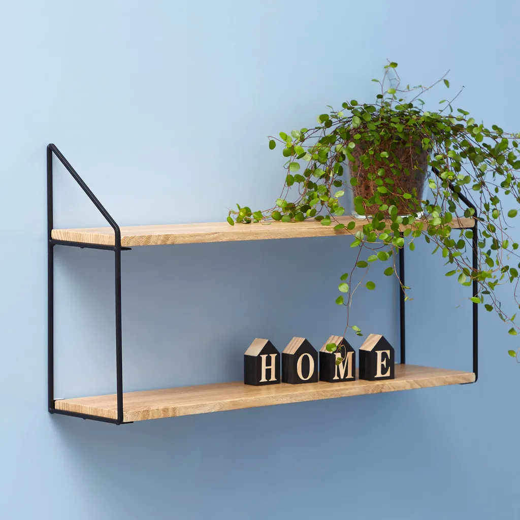 Wandregal Mit 2 Ablagen 60x15xH33cm Metall/MDF Schwarz/Natur