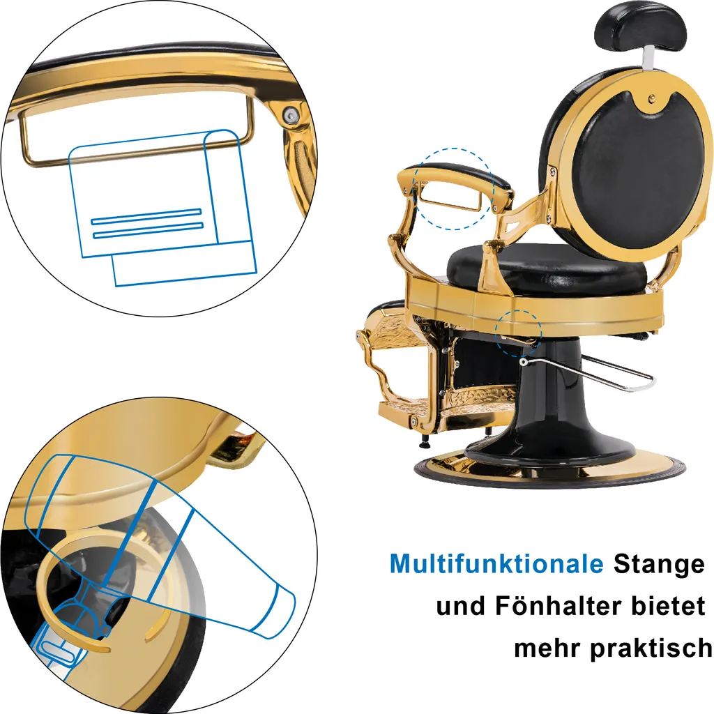 Barberpub Friseurstuhl Hydraulische Friseursessel 2933 GD, Mit Retro/ Vintage Stil, 360° Drehbar, Kunstleder, Goldrahmen , 109 × 68 × 113 Cm (Schwarz-Gold) – Bild 4