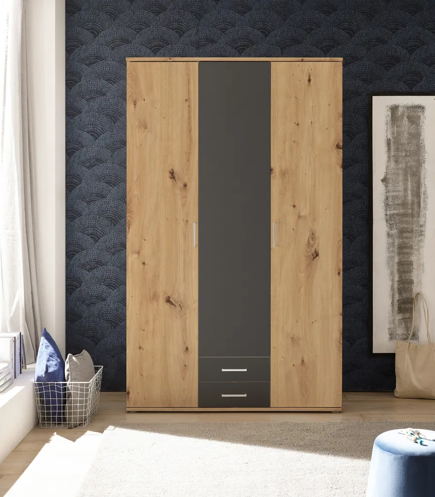 Kleiderschrank "Marburg" In Artisan Eiche / Graphit Mit 2 Schubladen Und 3 Türen. Abmessungen (BxHxT) 120x196x54 Cm – Bild 2