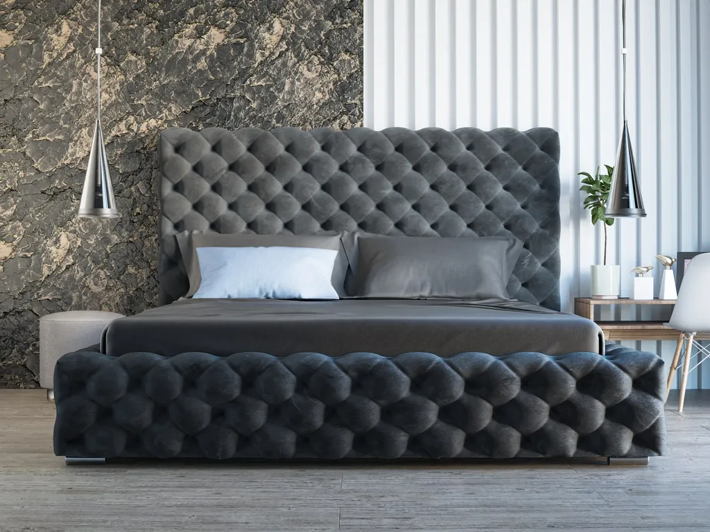 GRAINGOLD Glamour Polsterbett 180x200 Cm Heaven - Chesterfield Bett Mit Lattenrost - Groß Bettkasten, Velourstoff - Schwarz (Monolith 95) – Bild 2