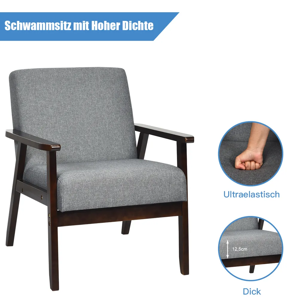 COSTWAY Akzentstuhl, Gepolsterter Stoffstuhl Mit Beinen Aus Kautschukholz, Sessel Für Wohnzimmer Büro Balkon Dunkelgrau – Bild 5