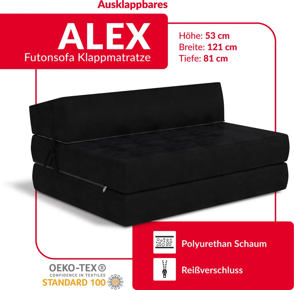 Klappmatratze 120x200 Cm Futonsofa Kaltschaum Polyurethan Höhe Ca. 14 Cm Microfibre Schwarz – Bild 3